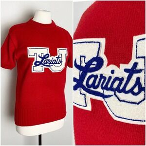 Vintage Red Crewneck Sweater with White and Blue Appliqué